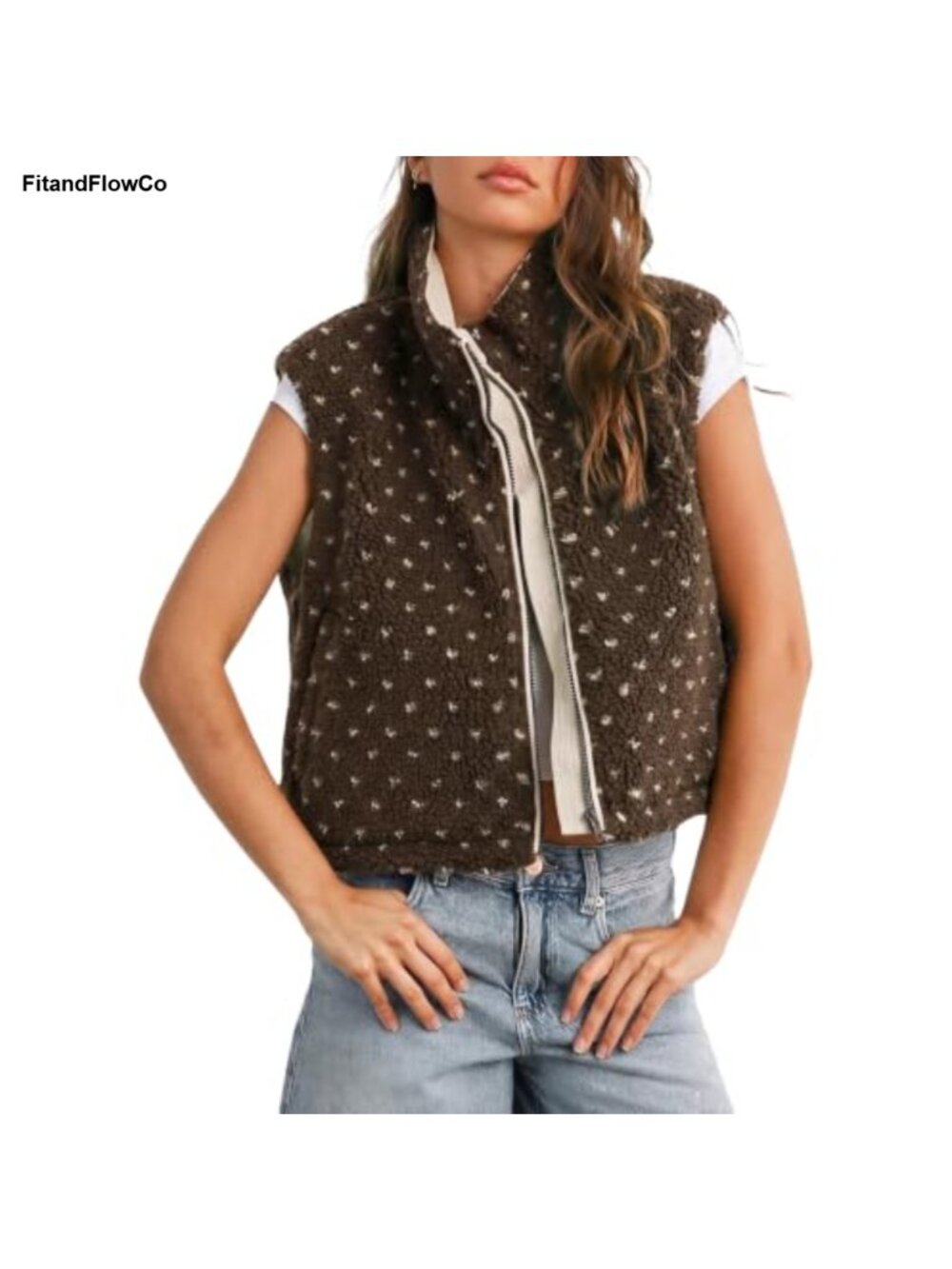 Sherpa Fleece Vest Polka Dots Fuzzy Sleeveless Jacket Full Zip